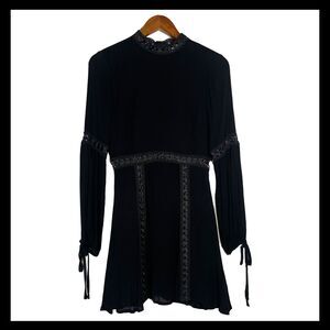 Black Mini Dress High Neck Long Sleeve Lace Detail LBD Lost + Wander Small